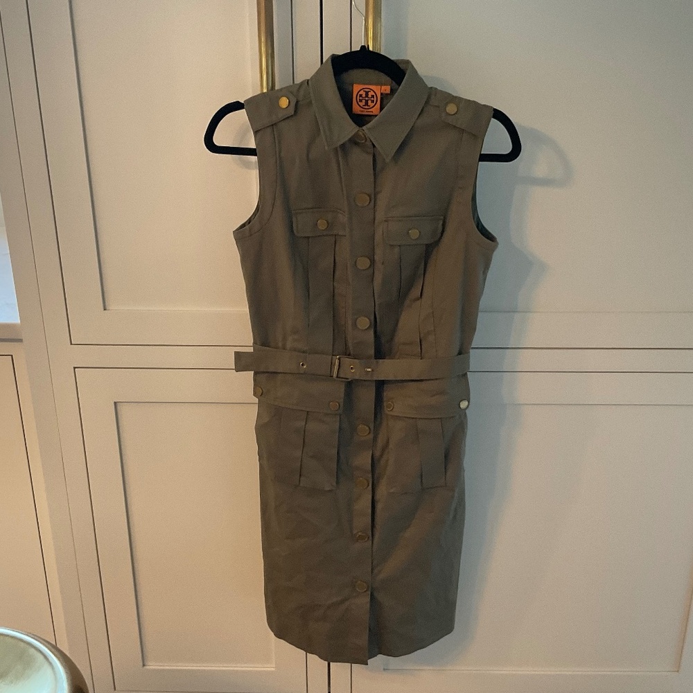 Tory Burch Olive Green Safari Gold Button Down Utility Sheath Dress Size 2